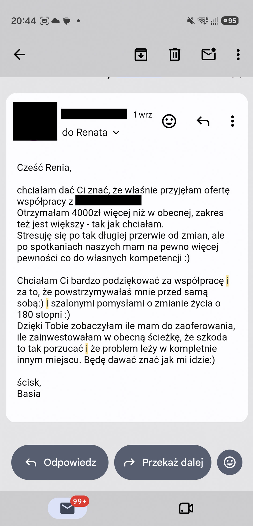 Wiadomość od Basi: nowa praca z wynagrodzeniem wyższym o 4000 zł i większym zakresem