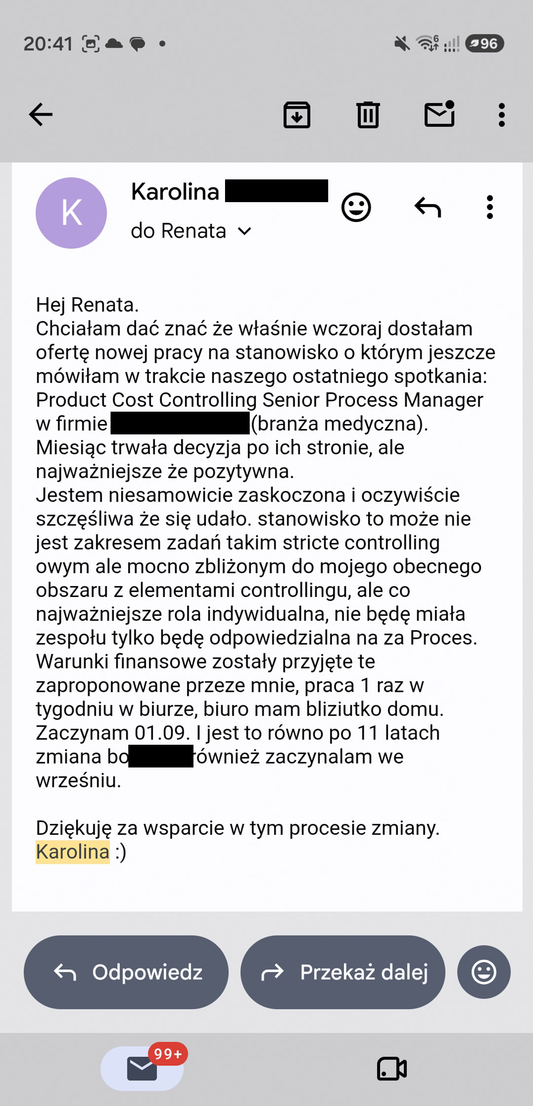 Wiadomość od Karoliny: oferta Senior Process Manager i jej warunki finansowe po 11 latach w jednej firmie