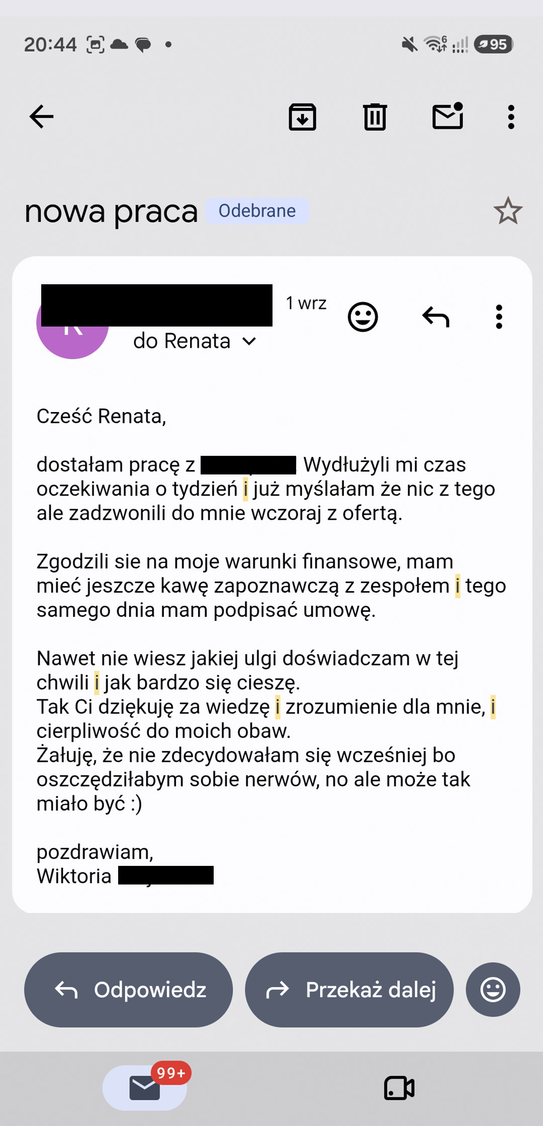 Wiadomość od Wiktorii: nowa praca na jej warunkach finansowych